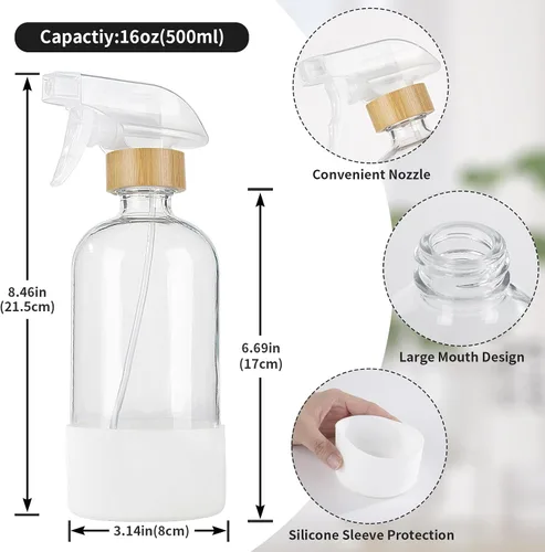 Vista 7 de HOMBYS Botellas vacías de vidrio de bambú con protección de funda de silicona, recipientes de vidrio transparente recargables de 17 onzas