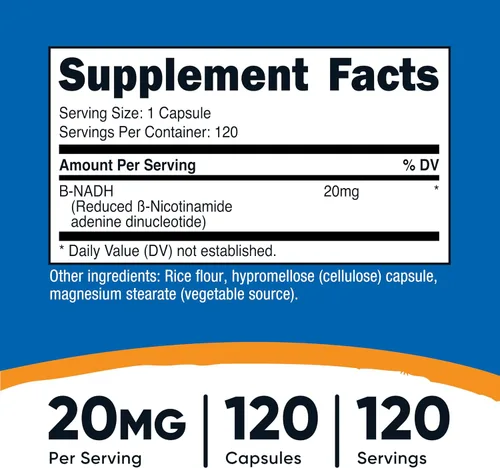 Vista 2 de Nutricost Suplemento NADH (20 mg) 120 cápsulas - Dinucleótido de adenina B-nicotinamida, vegano, sin gluten