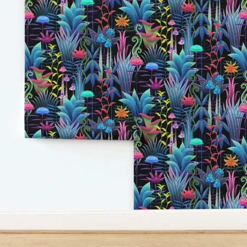 Vista 4 de Muestro de papel tapiz extraíble - Bioluminiscente Selva Floral Árboles Fantástico Helecho Papel pintado personalizado pre-pegado por Spoonflower