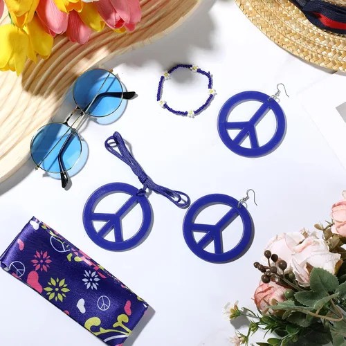 Vista 4 de Batiyeer 6 piezas de accesorios hippie para mujer, aretes bohemios con signo de la paz de los años 60 y 70, trajes para mujer, recuerdo de fiesta