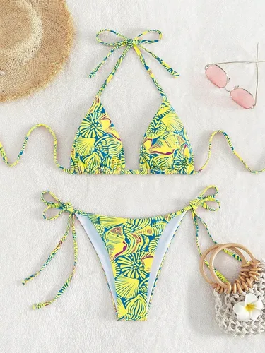 Vista 5 de Traje de baño de cintura alta para mujer, estampado floral, triángulo, halter, conjunto de bikini de 2 piezas