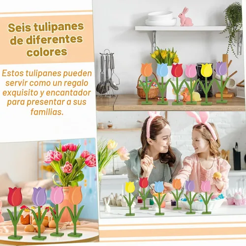 Vista 5 de Yuntau 6 letreros de madera de tulipanes de primavera, decoración de mesa retro, tulipanes de granja, decoración de mesa, centro de mesa, bandeja
