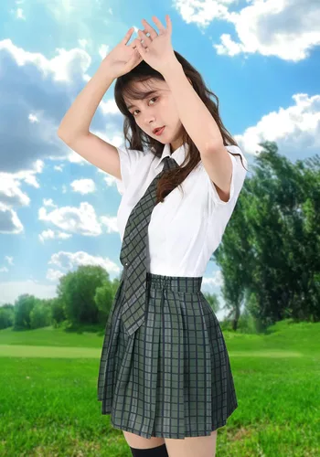 Vista 4 de PROCOS Disfraz de talla estadounidense para mujer, uniforme japonés con corbatín a cuadros, 5 piezas para Navidad