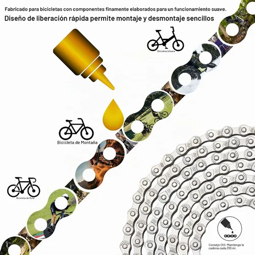 Vista 4 de Kit de cadena para bicicleta, acero al carbono de 6/7/8 velocidades, plata