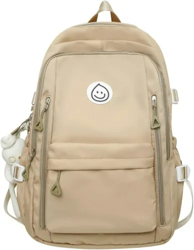 Vista 6 de Mochila preppy con bonito colgante para mujer, mochila para laptop con cara sonriente, mochila kawaii ligera y estética universitaria, Negro