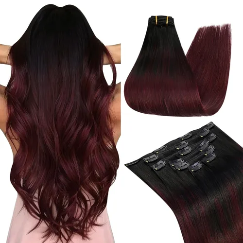 Vista 24 de Ugeat Extensiones de cabello humano con clip de 12 pulgadas, extensiones de cabello balayage con clip, marrón chocolate ombre, extensiones
