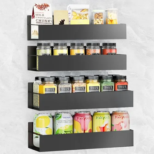 Vista 8 de Estante para especias de montaje en pared: 4 paquetes de almacenamiento y organización de despensa de gran tamaño sin taladrar – 11.8 pulgadas negro