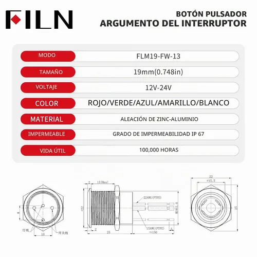 Vista 2 de Paquete de 2 interruptores de botón de pestillo de 0.748 in IP67 20A 12V-24V, azul