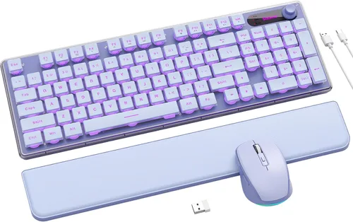 Vista 10 de Combo de teclado y mouse inalámbricos, 9 efectos retroiluminados, reposamuñecas, teclas de doble disparo, panel de metal, recargable de larga