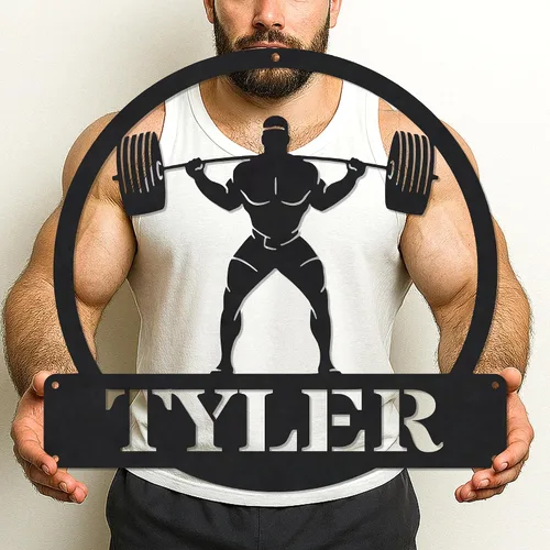 Vista 21 de Cartel de metal personalizado para gimnasio con nombre, arte de pared para sala de entrenamiento en casa, garaje, espacio de fitness, decoración