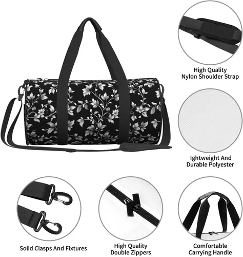 Vista 4 de Large Duffle Bag for Travel - Retro White Leaves Print Gym Bag for Women Men, Travel Foldable Bags for Women Men with Zippered Multiple Pockets