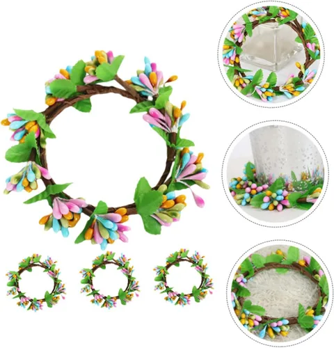 Vista 7 de KOMBIUDA 4 coronas de velas de Pascua para decoración de mesa, portavelas de bayas de primavera, encantadores adornos florales para fiestas