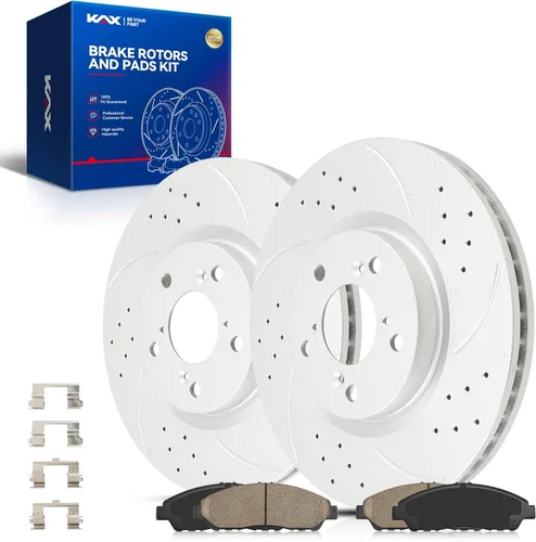 Vista 46 de Kit de freno delantero KAX, rotores de freno ranurados y con hendiduras, pastillas de freno cerámicas Compatible con Honda Accord 1990 1991 1992