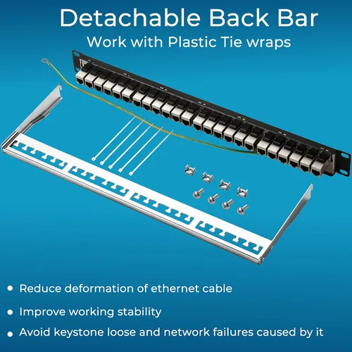 Vista 6 de Rapink Panel de conexión de 24 puertos Cat6A con soporte Keystone 10G en línea, panel de conexión acoplador blindado STP de 19 pulgadas con barra