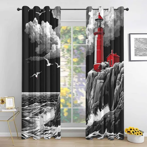 Vista 2 de Cortinas de faro costero de 54 pulgadas de largo, 2 paneles, cortinas opacas con ondas de vela para decoración de dormitorio, sala de estar, Negro