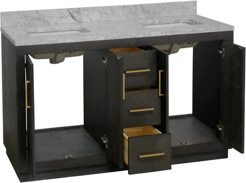 Vista 4 de Kitchen Bath Collection Peyton - Mueble de baño doble de 60 pulgadas (Carrara/roble oscuro): incluye gabinete de roble oscuro con impresionante