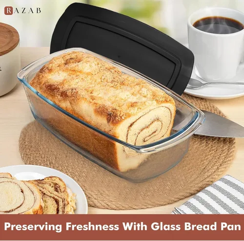 Vista 6 de Razab Sartén grande de vidrio para pan de 7.6 tazas/1.9 cuartos de galón con tapas, sin BPA, tapas herméticas, mango de agarre, fácil de llevar
