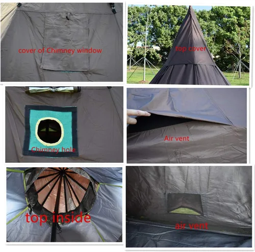 Vista 3 de Tienda caliente Tipi para 4 personas con estufa ignífuga Jack para tubos de combustión con 2 puertas Altura 8.5FT Verde ejército