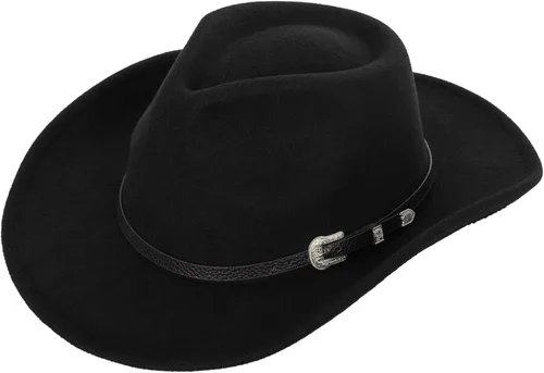 Vista 2 de Sombreros clásicos de vaquero occidental para mujer y hombre, diseño de banda de diamantes, sombrero de Rodeo Fedora-Jazz con cinturón, color negro