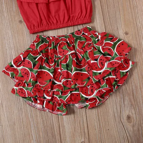 Vista 6 de Conjunto de faldas de piña para niños pequeños y niñas con hombros descubiertos de frutas + tutú con volantes faldas, vestido de verano