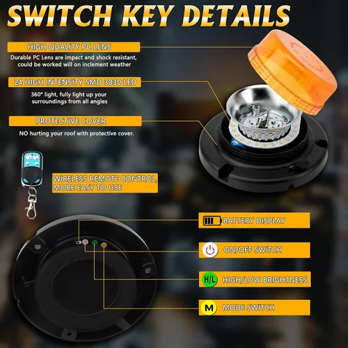 Vista 5 de Luz de baliza de control remoto, luces intermitentes recargables inalámbricas ámbar con imán, 15 modos, brillo alto y bajo para quitanieves