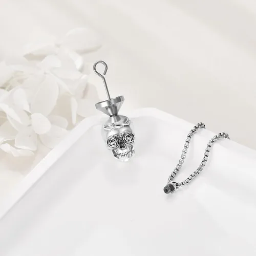 Vista 4 de AINFQY Collar de urna de calavera para cenizas S925 Sterling Sliver Urn Pendant Memorial Cremation Jewelry Skull Ashes Holder para hombres y mujeres