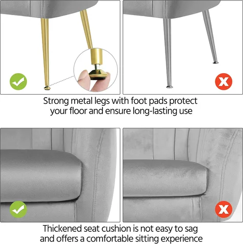 Vista 5 de Yaheetech Silla de Tocador Moderna, Silla de Acento de Terciopelo Suave con Patas de Metal Dorado, Sillón Acolchado Chaise Longue para Sala de Gris