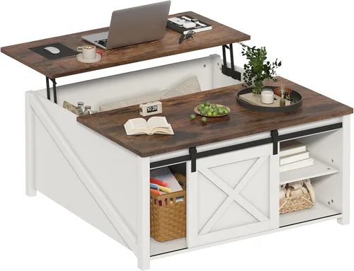Vista 10 de PUKAMI Mesa de centro elevable con almacenamiento, mesa de centro de granja de 31.5 pulgadas para sala de estar, mesas de centro cuadradas con gran