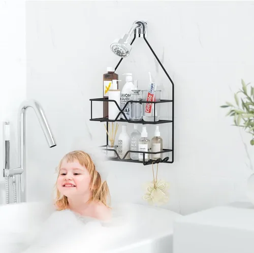 Vista 5 de TreeLen Organizador de ducha colgante estante de ducha sobre cabezal de ducha negro, colgador de baño para champú, navaja y jabón