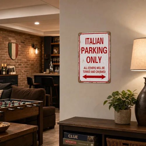 Vista 4 de Letrero de aluminio italiano con texto en inglés «Parking Only», divertida decoración de garaje de metal, 8 x 12 SUBURBAN PO3