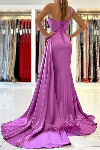 Vista 4 de Vestidos de dama de honor de un hombro, vestidos de sirena de satén, vestidos de baile de graduación, vestidos largos formales de noche con cola