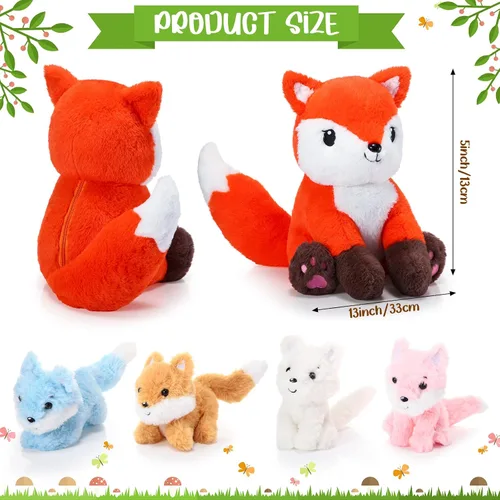 Vista 2 de HyDren Juego de 5 juguetes de peluche de zorro de 14 pulgadas con 4 lindos zorros de peluche en el abdomen, suaves peluches de zorro para baby