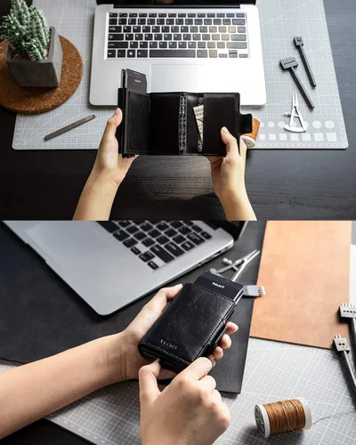Vista 4 de VULKIT Tarjetero de crédito con bloqueo RFID de cuero automático, billetera desplegable delgada con clip para dinero, funda doble para tarjetas