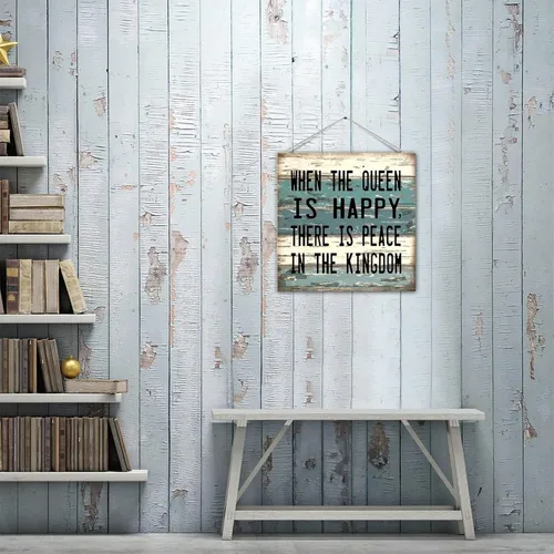 Vista 8 de Placa de madera de estilo Shabby Chic con texto en inglés "Saying When The Queen Is Happy There Is Peace in The Kingdom", rústico de madera antigua