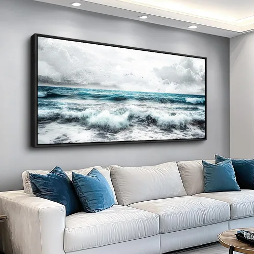 Vista 16 de ERQINHUA Gran decoración de pared para sala de estar, arte de pared en lienzo para restaurante, decoraciones para oficina, pinturas de mar azul