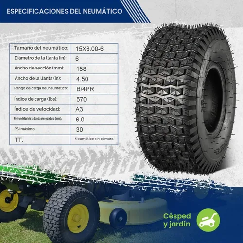 Vista 2 de MaxAuto FOX V1 - Neumáticos para cortacésped de 15 x 6.00-6 nhs, neumáticos de tractor de césped de 15 x 6.00 x 6, neumático de carrito de golf