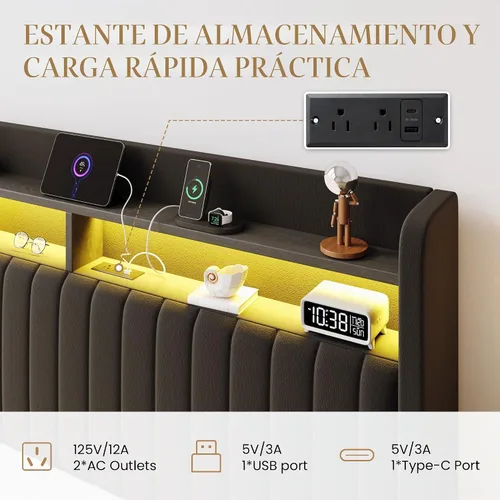 Vista 3 de SHA CERLIN - Estructura de cama de tamaño matrimonial con almacenamiento elevado/Luces LED/Estación de carga/Cabecero con estantes de 2 niveles/USB