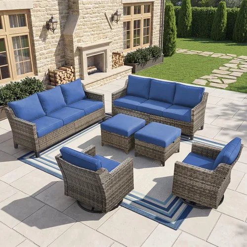 Vista 64 de Belord Sofá de patio exterior acolchado de 3 asientos de lujo de 6 pulgadas Cojín de mimbre marrón/beige de 6 pulgadas