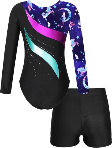 Vista 2 de TiaoBug Conjunto de leotardo de gimnasia de manga larga para niñas y niñas con pantalones cortos