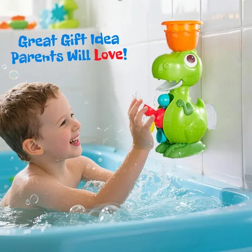Vista 4 de Juguetes de baño de dinosaurio para niños de 1 a 3 años, juguete de baño para bebés con 4 tazas de agua y ruedas giratorias, divertido juguete