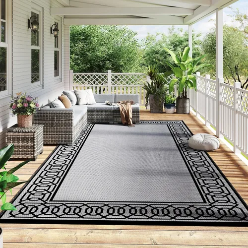 Vista 19 de Outsunny Alfombra de exterior para patio impermeable 9' x 18' rombo negro y Borde rombo negro y gris