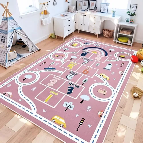 Vista 11 de Alfombra de juego para niños de 4 x 6 pies y alfombra de auto Hopscotch – Alfombra grande azul lavable para aula y preescolar para niños en edad