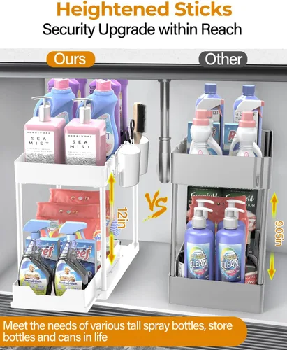 Vista 2 de Organizador para debajo del fregadero y almacenamiento de baño, paquete de 2 unidades, organizador de cesta de gabinete Kicthen de 2 niveles