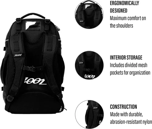 Vista 3 de Zoot Ultra Tri Bag, mochila de transición de triatlón con almacenamiento húmedo para hombres y mujeres atletas, día de carrera, viajes y tren, negro