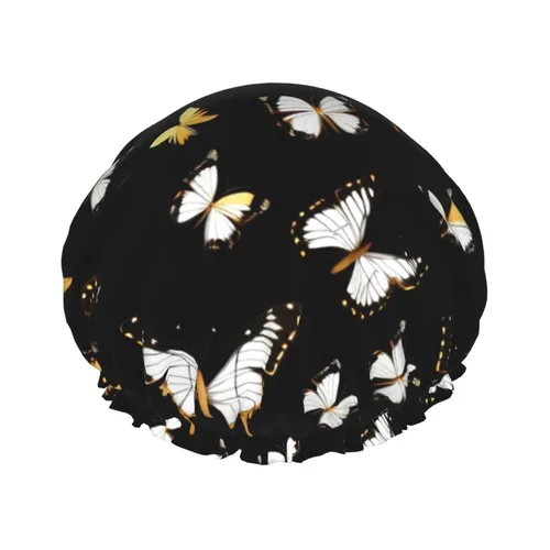 Vista 28 de Gorro de ducha reutilizable con estampado de mansiones embrujadas negras para mujer, doble capa impermeable, gorro de baño de secado rápido