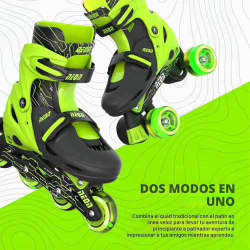 Vista 3 de Yvolution Patines combinados de neón, patines 2-1 cuádruple y en línea para niños con ruedas LED, tamaño ajustable (verde, 12-2)