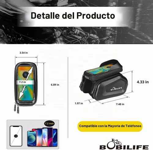 Vista 5 de Bolsa de tubo para marco de bicicleta con soporte táctil para teléfono, bolsa frontal impermeable de dos lados para manillar gemelos con bolsa
