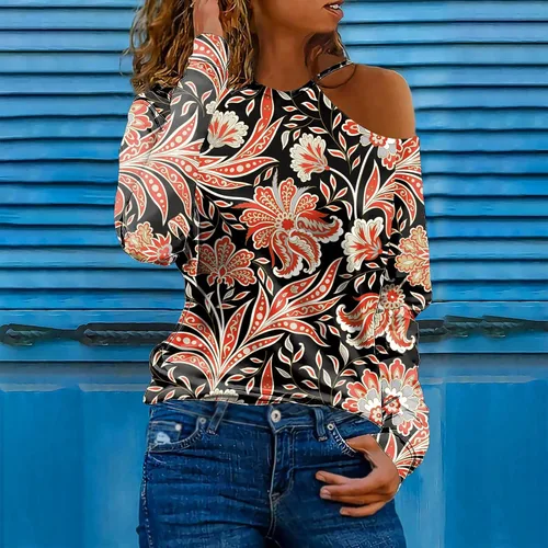 Vista 2 de Lindas camisetas de verano para mujer, con hombros descubiertos, estilo casual, holgada, de manga corta estampada