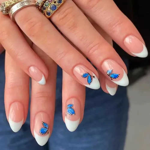 Vista 14 de RikView uñas postizas blancas en forma de almendra de longitud media, uñas adhesivas naturales, uñas en relieve con diseño de margarita
