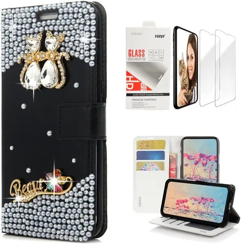 Vista 7 de Bling Wallet - Funda para teléfono compatible con iPhone 11, elegante, hecha a mano en 3D, de cristal de pavo real, magnética, con protector